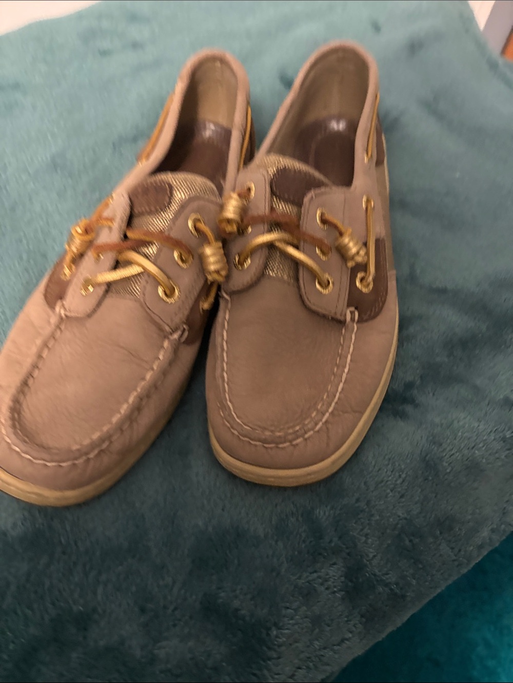 Sperry Taupe Leather Boat Loafers with Gold Accents
